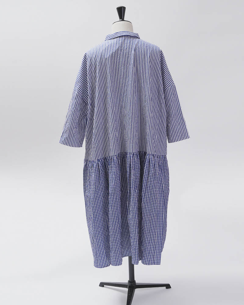 【CHECK&STRIPE(チェック&ストライプ)】小さな衿のローウエストワンピース 「sunny days stripe×sunny days check」