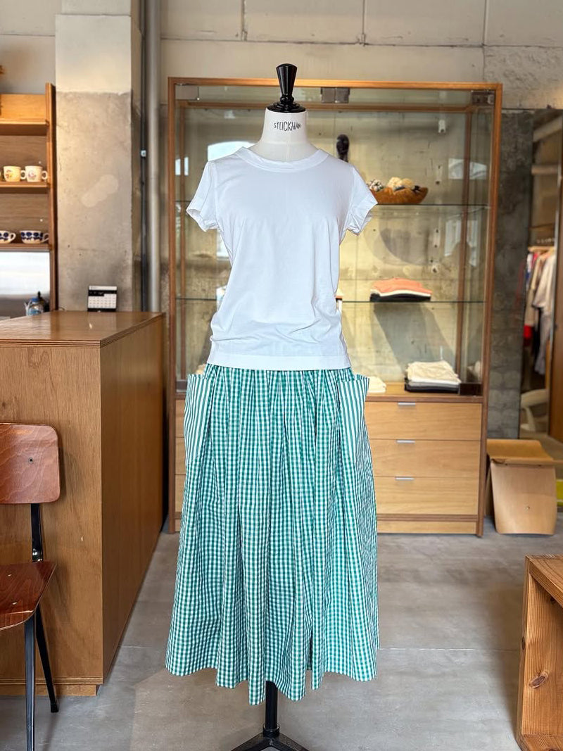 【CHECK&STRIPE(チェック&ストライプ)】3枚はぎのギャザースカート ストライプ×チェック(グリーン)