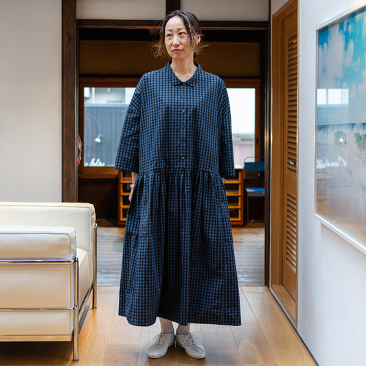 【CHECK&STRIPE(チェック&ストライプ)】小さな衿のローウエストワンピース 「コットンパピエ」 ギンガムチェック