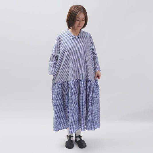 [CHECK & STRIPE (check & striped)] Low waist dress "Sunny Days Stripe x Sunny Days Check" with a small collar