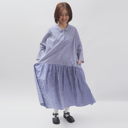 [Vérifiez et rayons (vérifiez et rayés)] Robe de taille basse avec un petit col "Sunny Days Stripe x Sunny Days Check"