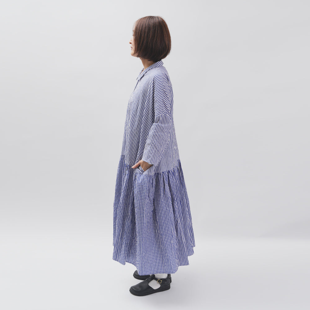 [Vérifiez et rayons (vérifiez et rayés)] Robe de taille basse avec un petit col "Sunny Days Stripe x Sunny Days Check"