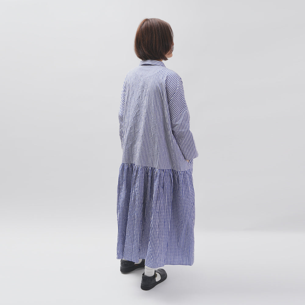 [Vérifiez et rayons (vérifiez et rayés)] Robe de taille basse avec un petit col "Sunny Days Stripe x Sunny Days Check"