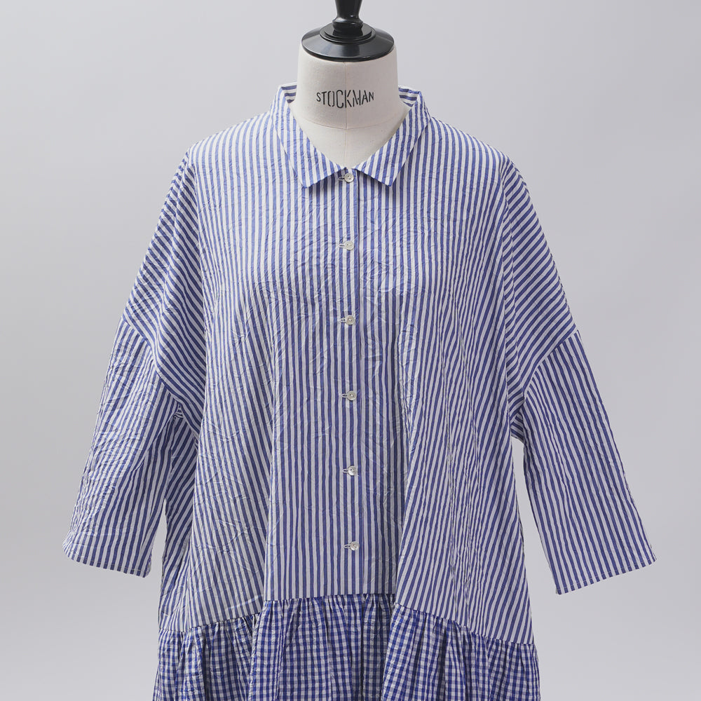 [Vérifiez et rayons (vérifiez et rayés)] Robe de taille basse avec un petit col "Sunny Days Stripe x Sunny Days Check"