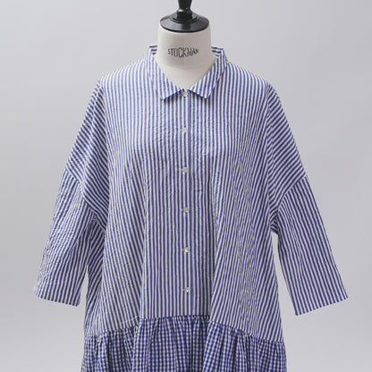 [Vérifiez et rayons (vérifiez et rayés)] Robe de taille basse avec un petit col "Sunny Days Stripe x Sunny Days Check"