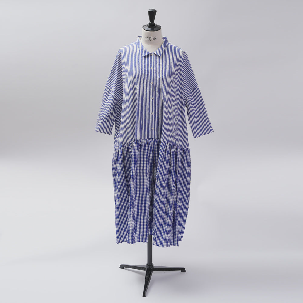 [Vérifiez et rayons (vérifiez et rayés)] Robe de taille basse avec un petit col "Sunny Days Stripe x Sunny Days Check"