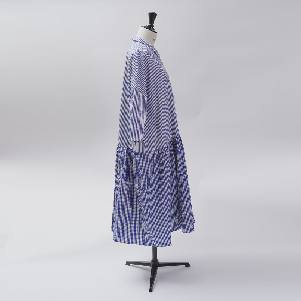 [Vérifiez et rayons (vérifiez et rayés)] Robe de taille basse avec un petit col "Sunny Days Stripe x Sunny Days Check"