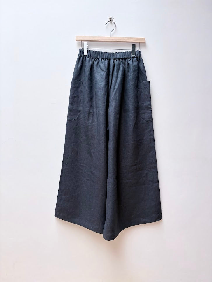 【CHECK&STRIPE(チェック&ストライプ)】ギャザーロングキュロット　カラーリネン