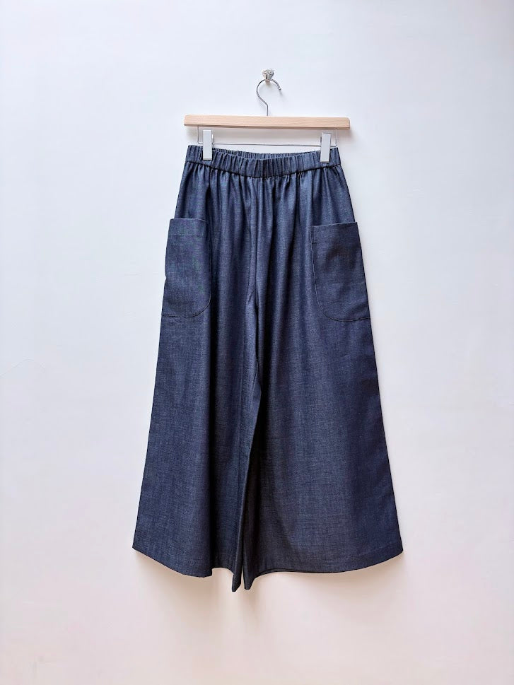 【CHECK&STRIPE(チェック&ストライプ)】ギャザーロングキュロット　デニム