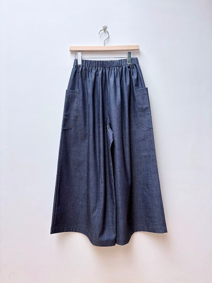 【CHECK&STRIPE(チェック&ストライプ)】ギャザーロングキュロット　デニム