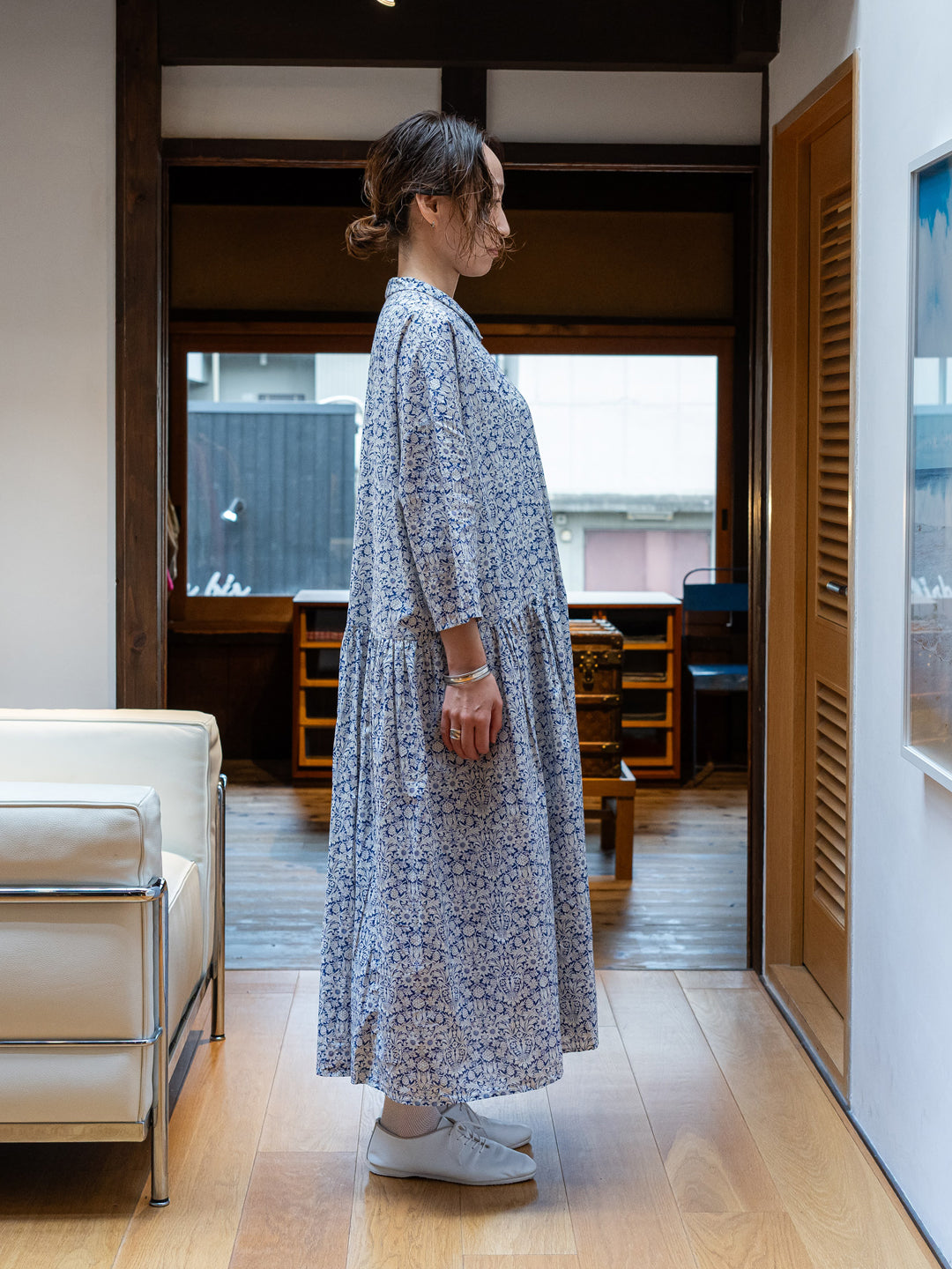 【CHECK&STRIPE(チェック&ストライプ)】小さな衿のローウエストワンピース リバティ Mortimer