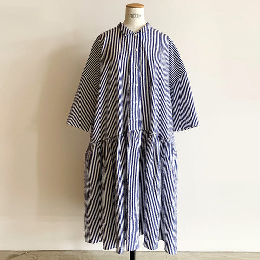 【CHECK&STRIPE(チェック&ストライプ)】小さな衿のローウエストワンピース 「sunny days stripe」