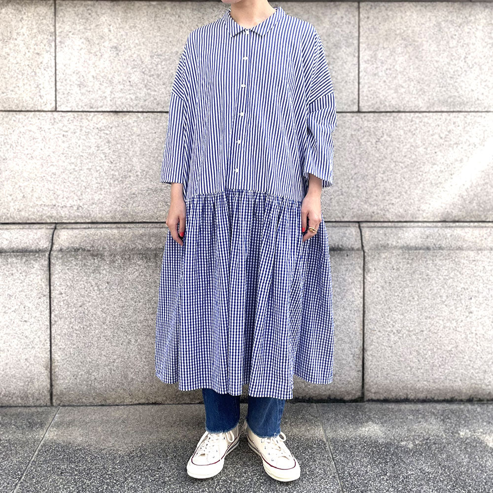 【CHECK&STRIPE(チェック&ストライプ)】小さな衿のローウエストワンピース 「sunny days stripe×sunny days check」