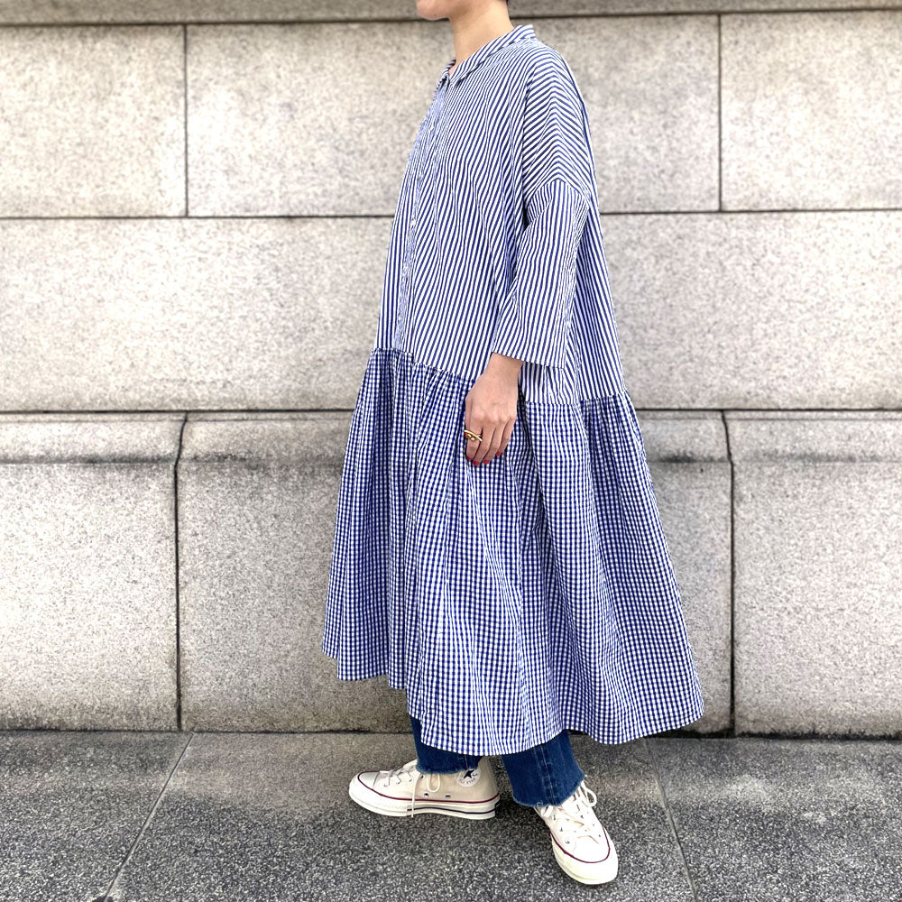 【CHECK&STRIPE(チェック&ストライプ)】小さな衿のローウエストワンピース 「sunny days stripe×sunny days check」