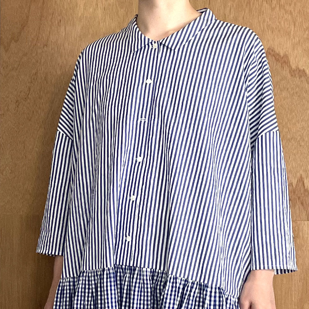 【CHECK&STRIPE(チェック&ストライプ)】小さな衿のローウエストワンピース 「sunny days stripe×sunny days check」