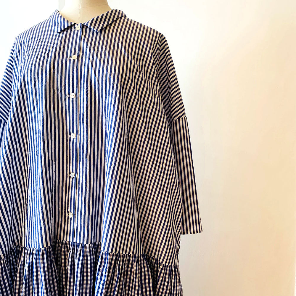 【CHECK&STRIPE(チェック&ストライプ)】小さな衿のローウエストワンピース 「sunny days stripe×sunny days check」