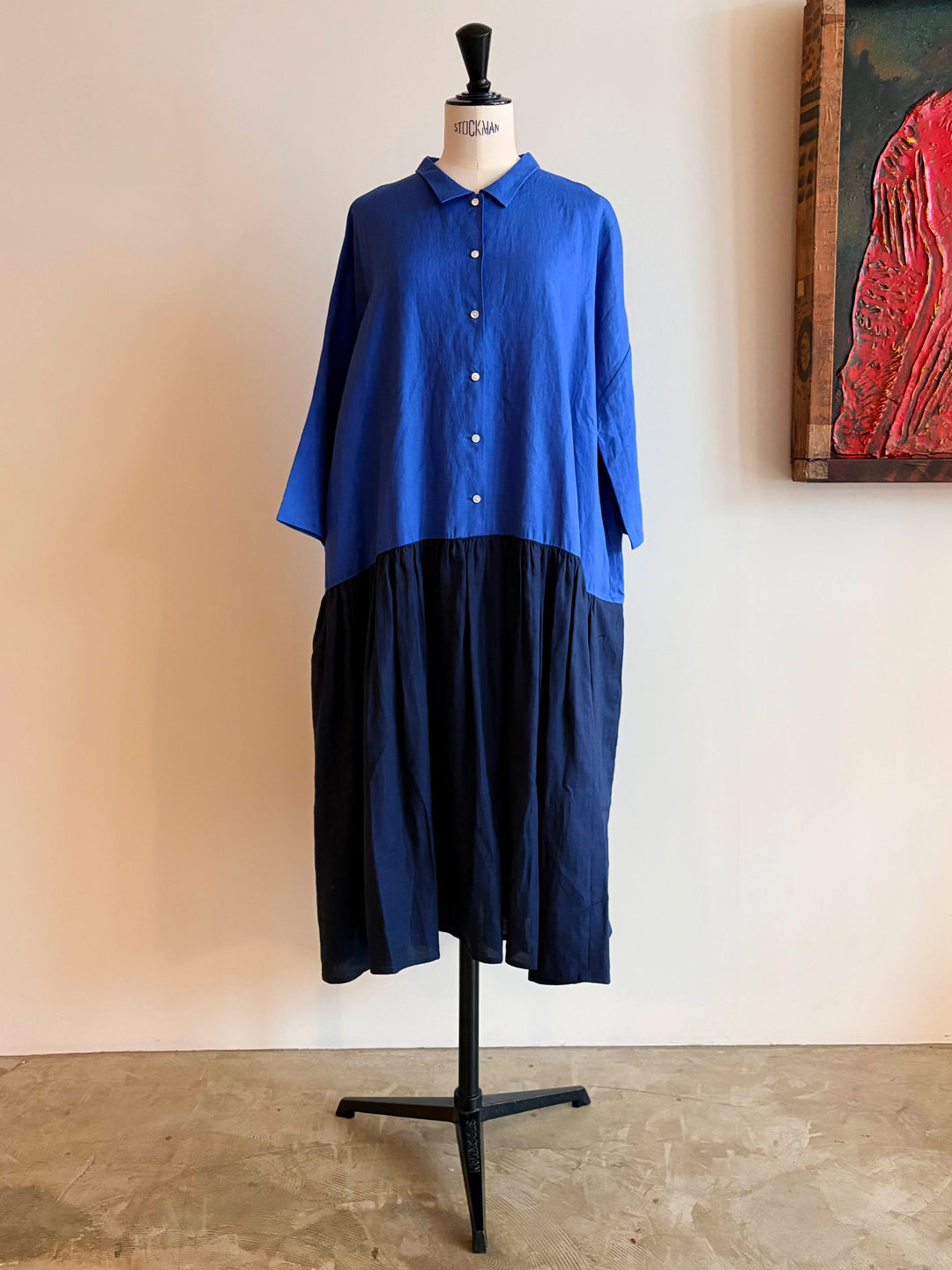 [check＆stripe（检查＆条纹）]带有小领子的低腰连衣裙“易于亚麻”