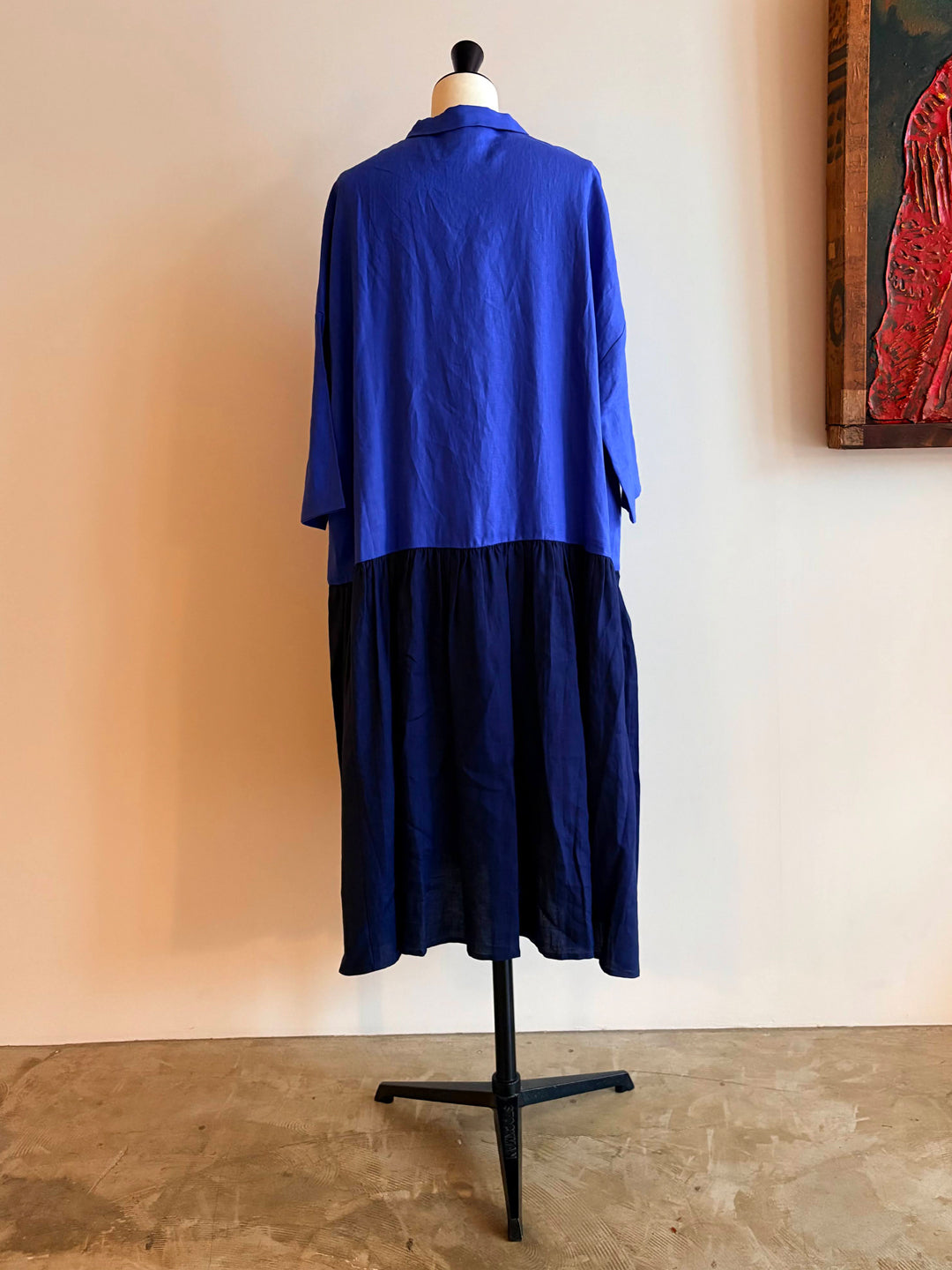 [check＆stripe（检查＆条纹）]带有小领子的低腰连衣裙“易于亚麻”