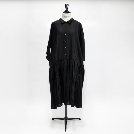 【CHECK&STRIPE(チェック&ストライプ)】小さな衿のローウエストワンピース 「やさしいリネン」