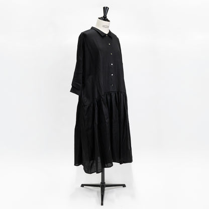 【CHECK&STRIPE(チェック&ストライプ)】小さな衿のローウエストワンピース 「やさしいリネン」