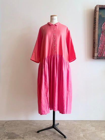 【CHECK&STRIPE(チェック&ストライプ)】小さな衿のローウエストワンピース やさしいリネン