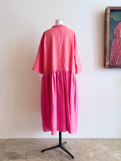 【CHECK&STRIPE(チェック&ストライプ)】小さな衿のローウエストワンピース やさしいリネン