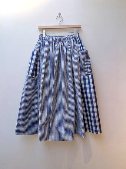 【CHECK&STRIPE(チェック&ストライプ)】3枚はぎのギャザースカート ストライプ×チェック