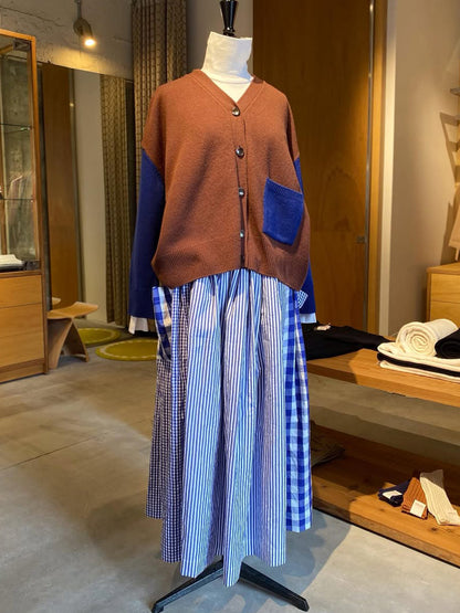 【CHECK&STRIPE(チェック&ストライプ)】3枚はぎのギャザースカート ストライプ×チェック