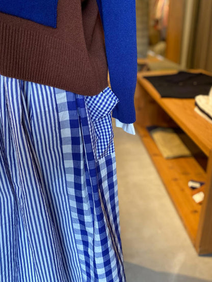 【CHECK&STRIPE(チェック&ストライプ)】3枚はぎのギャザースカート ストライプ×チェック