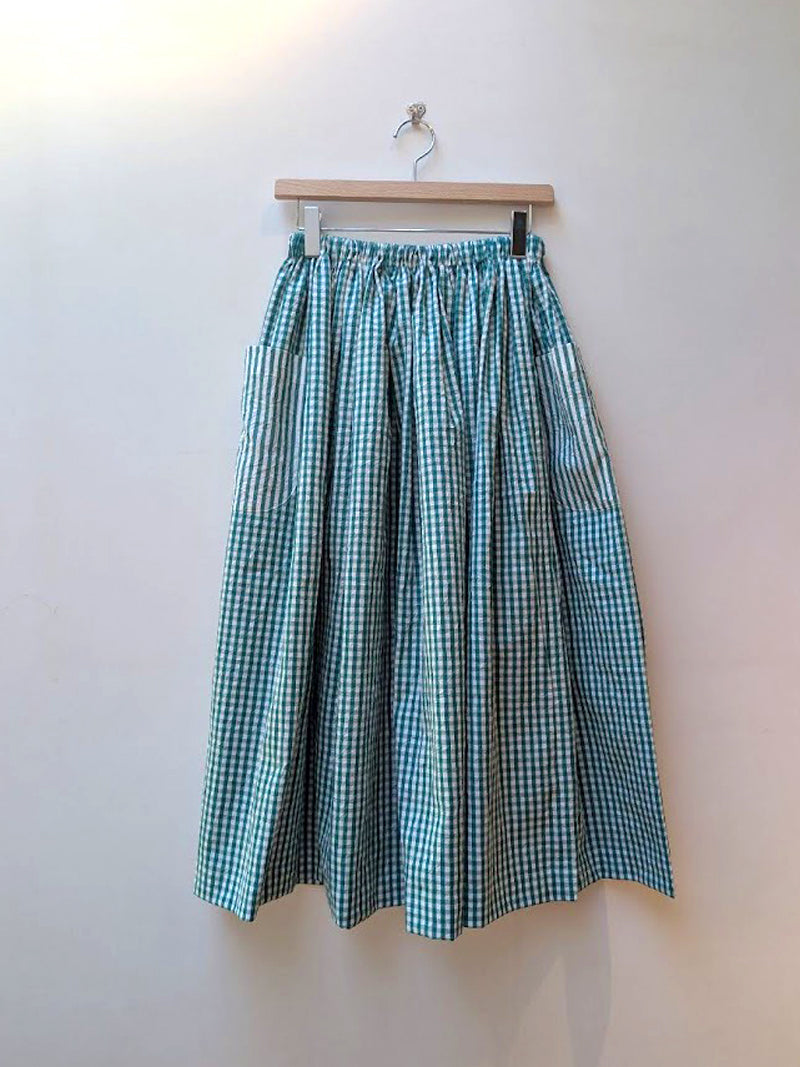 【CHECK&STRIPE(チェック&ストライプ)】3枚はぎのギャザースカート ストライプ×チェック（グリーン）