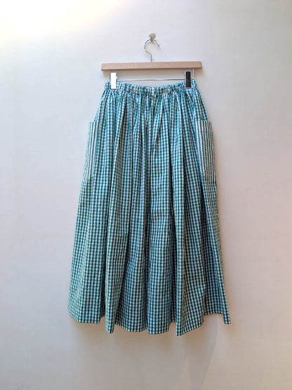 【CHECK&STRIPE(チェック&ストライプ)】3枚はぎのギャザースカート ストライプ×チェック（グリーン）