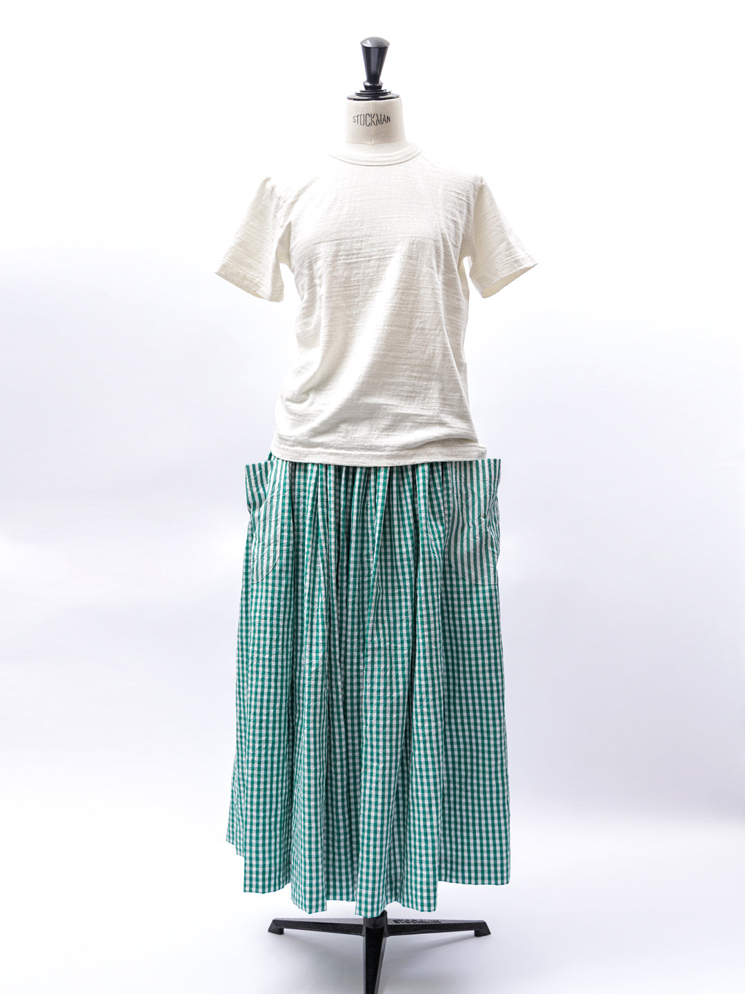 【CHECK&STRIPE(チェック&ストライプ)】3枚はぎのギャザースカート ストライプ×チェック（グリーン）