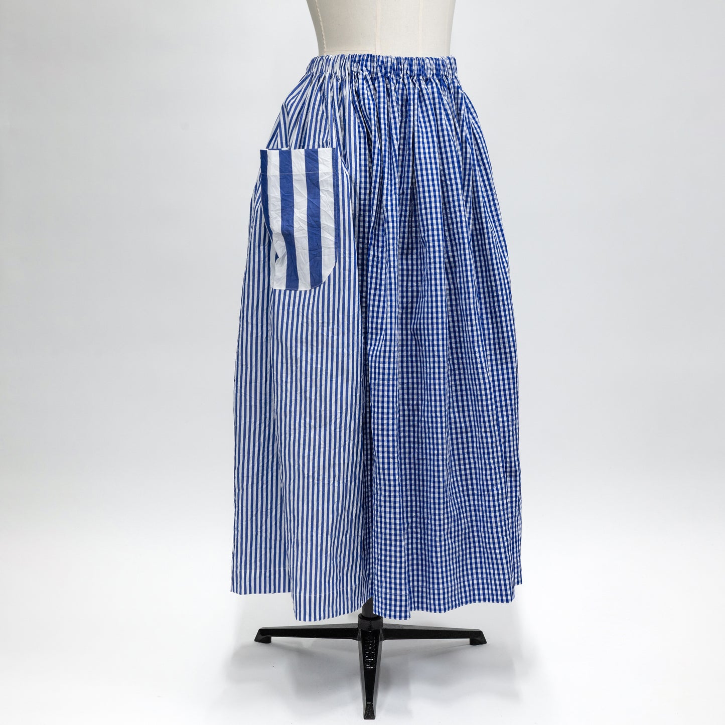 【CHECK&STRIPE(チェック&ストライプ)】3枚はぎのギャザースカート チェック×ストライプ×太ストライプ