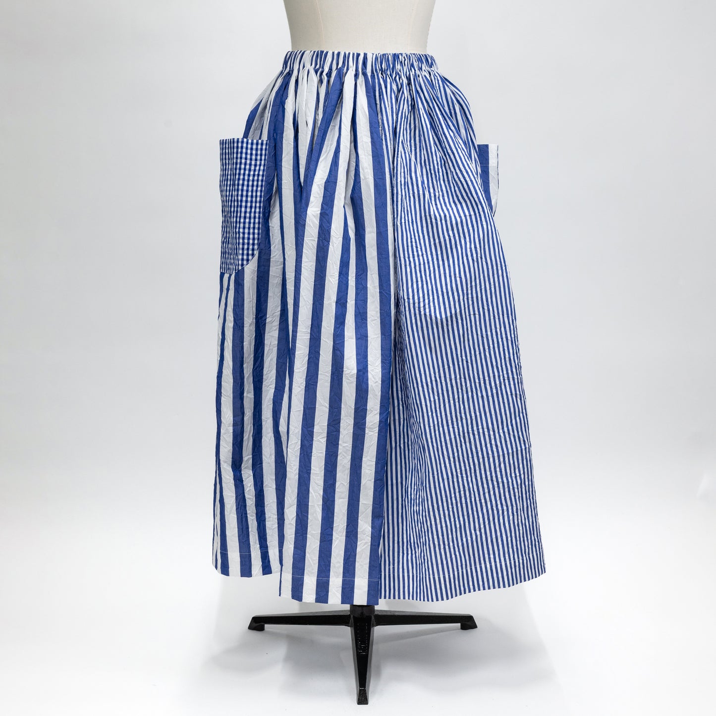【CHECK&STRIPE(チェック&ストライプ)】3枚はぎのギャザースカート チェック×ストライプ×太ストライプ