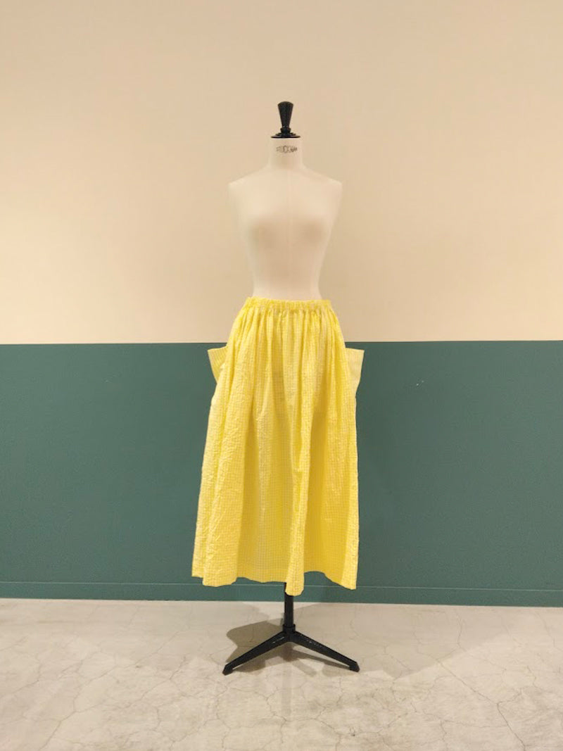 【CHECK&STRIPE(チェック&ストライプ)】3枚はぎのギャザースカート ストライプ×チェック（イエロー）