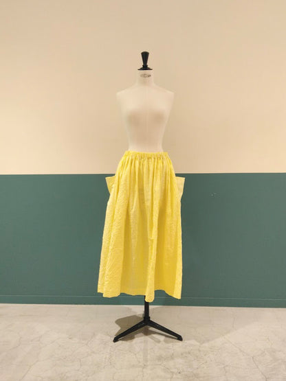 【CHECK&STRIPE(チェック&ストライプ)】3枚はぎのギャザースカート ストライプ×チェック（イエロー）