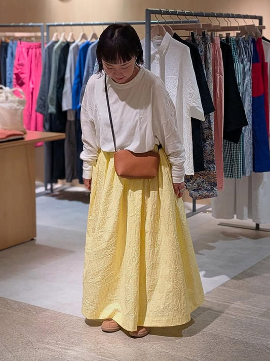 【CHECK&STRIPE(チェック&ストライプ)】3枚はぎのギャザースカート ストライプ×チェック（イエロー）